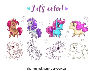 Let's color pony. Funny cute cartoon little chibi horses, colorful and contour pictures. Girlish coloring page template. Vector illustration.