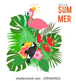 lets coming this summer season with flamingo and bird animal. tropical leaf background
