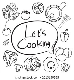 Let's cook and arrange the food set. Hand drawn vector object. Icons in doodle style