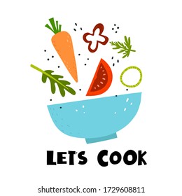 let's cook. cartoon vegetables, decor elements, hand drawing lettering. colorful vector illustration, flat style. design for print, card, cover, poster