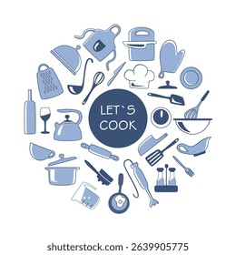 Let`s cook in a circle. Background. Kitchen utensils in a round shape. Dishes and other kitchen-related items on a white background. Can be used for decoration, design, packaging, menus. Vector icons