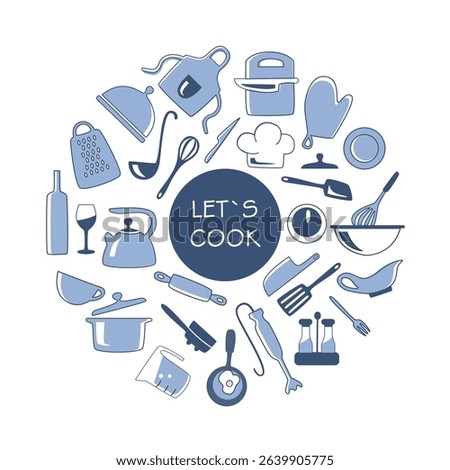 Let`s cook in a circle. Background. Kitchen utensils in a round shape. Dishes and other kitchen-related items on a white background. Can be used for decoration, design, packaging, menus. Vector icons