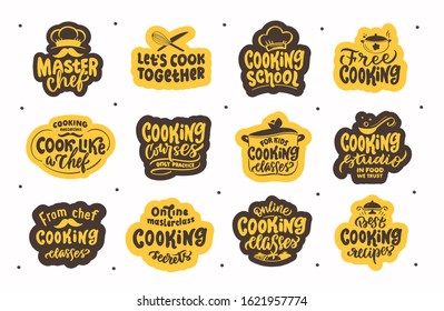 Let's cook, cooking. Set of vintage retro handmade badges, labels and logo elements, symbols, phrases, slogans for cooking school, sooking studio. Vector illustration.