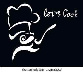 let's cook. food, chalk , man character on black background. Concept for logo, menu, cards, print