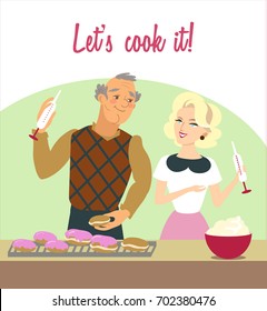 Let's cook it! Elderly people, grandmother and grandfather cook cakes.