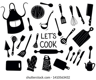 Lets Cook - Kitchen silhouette doodle vector icon set