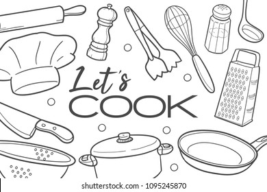 Let's Cook Kitchen Tools Doodle Line Background Flyer Design Vector Art