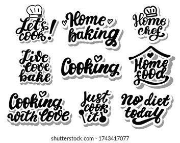 Let's cook. No diet today. Home food. Cooking phrase set. Hand lettering sticker. Brush calligraphy. Cooking at home concept quote. Logo for catering service