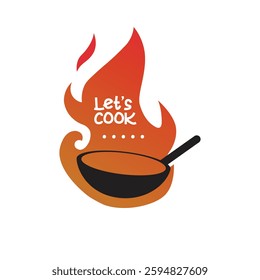 Let's Cook poster  vector template and illustration. Frying pan with fire flame and vintage texture. Retro poster for culinary school, cooking classes and cooking courses