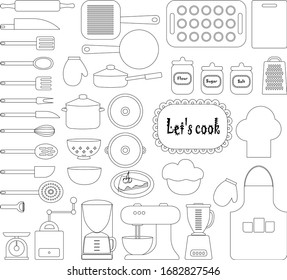 let's cook, set of stickers, kitchen items, pots, spoons, forks, knives, coloring book for girls, isolated on a white background