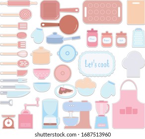 let's cook, set of stickers, kitchen accessories, pots, spoons, forks, knives, for girls, isolated on a white background, color pictures, pink, blue, sand, orange