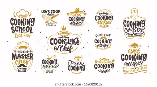 Let's cook. Set of vintage retro hand drawn badges, labels and logo elements, symbols, phrases, slogans for cooking school, studio, shop, club, food studio. Vector illustration.