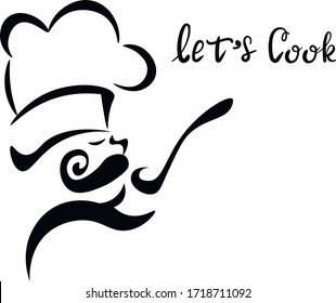 Vamos a cocinar. Cocine con cuchara, comida , vector aislado sobre fondo blanco. Concepto de logotipo, icono, tarjetas, impresión