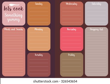 let's cook. Weekly menu, daily planner. editable template with space for shopping list and notes