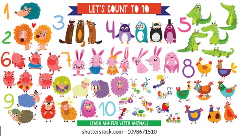 Let's count to 10.Big set with cartoon animals in flat style design. Collection of numerals for kids learning counting or mathematics.