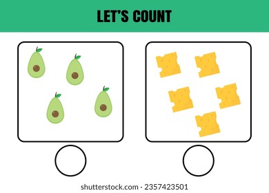 Let's count. Educational math game for kids. Printable worksheet design for preschool or elementary kids.
