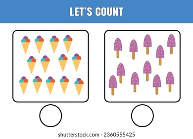 Let's count. Educational math game for kids. Printable worksheet design for preschool, kindergarten or elementary students.