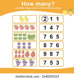 Let's count the fruits and circle the correct number. Counting worksheet for children. Educational printable math game for kids with fruits theme. Vector Illustration File.