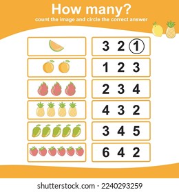 Let's count the fruits and circle the correct number. Counting worksheet for children. Educational printable math game for kids with fruits theme. Vector Illustration File.