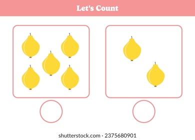 Let's count with quince. Educational math game for kids. Printable worksheet design for preschool, kindergarten or elementary students.