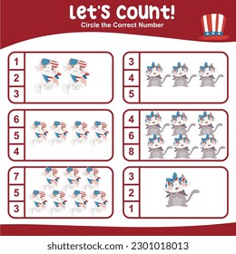 Let's counting together the cute cat or kitten in 4th July costume and circle the correct number. Vector illustrations file. Printable math worksheet for kids in 4th July edition