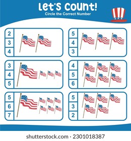 Let's counting together the America’s flag with American Independence Day theme and circle the correct number. Vector illustrations file. Printable math worksheet for kids in 4th July edition