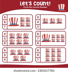 Let's counting together the uncle Sam’s hats for the American Independence Day theme and circle the correct number. Vector illustrations file. Printable math worksheet for kids in 4th July edition