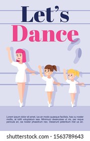 Lets dance brochure template. Flyer, booklet, leaflet concept with flat illustrations. Vector page cartoon layout for magazine. Choreography classes for kids advertising invitation with text space