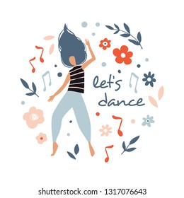 Let's dance. Funny dancing girl. Poster, card for party.  Colorful happy people characters. Cute vector Illustration in flat cartoon style. Female dancer with flowers isolated on white