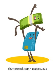 Let's dance! Money character and credit card character dancing a comic dance. Joyful meeting. Vector Illustration.