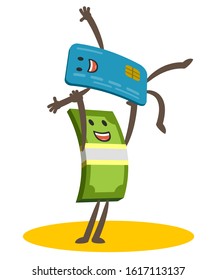 Let's dance! Money character and credit card character dancing a comic dance. Joyful meeting. Vector Illustration.