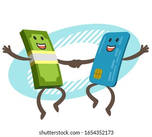 Let's dance Money character and credit card character dancing. Joyful meeting. Vector Illustration.