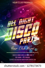 Let`s dance party invitation. All night disco vector poster with chic gold flare headline and bokeh on a colorful background. To see similar, please VISIT MY PORTFOLIO.