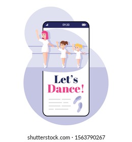 Lets dance smartphone app screen. Mobile phone display with cartoon characters design mockup. Classical ballet. Choreography application for kids telephone interface