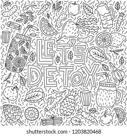 Let's detox. Vector lettering with doodle illustrations