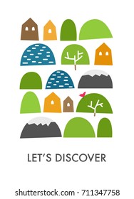 Let's discover. Card with mountains, lakes, meadows, houses