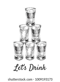 Lets Drink. Alcoholic Drinks In Shot Glasses. Hand Drawn Vector Illustration.