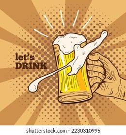 with let's drink beer holding Beer Mug in Hand template vector design 