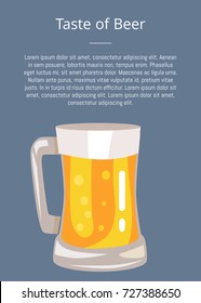 Let's drink beer poster with text and mug of light drink vector illustration. Traditional alcoholic beverage in transparent glass with handle, cartoon style