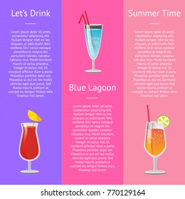 Lets drink blue lagoon summer time banner with cocktails decorated by umbrella, two straws and piece of lemon vector illustration posters with text