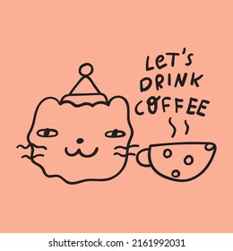 Bebamos café. Un gato gracioso. Ilustración de esquema.