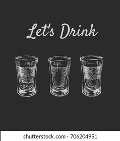 Lets Drink. Three Kinds Of Alcoholic Drinks In Shot Glasses. Hand Drawn Vector Illustration.