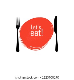 'let's eat' inscription with hand drawn plate, fork and knife