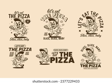 Let's eat the pizza, a little boy running and holding a slice of pizza, vintage illustration