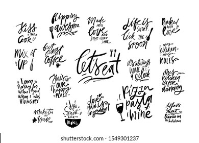 Let's eat. Pizza, pasta, wine. Baked with love. Kitchen hand lettering quote for your design. 