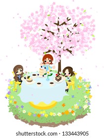 Let's enjoy cherry-blossom viewing while eating sweet cakes under the beautiful cherry tree.