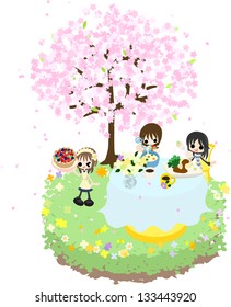 Let's enjoy cherry-blossom viewing while eating soup and sea foods, pie of the fruits under the beautiful cherry tree.