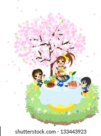 Let's enjoy cherry-blossom viewing while eating a hamburger steak and seafood, spaghetti under the beautiful cherry tree.