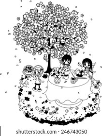 Let's enjoy cherry-blossom viewing while eating soup and sea foods, pie of the fruits under the beautiful cherry tree.
