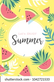 Let's enjoy Summer inscription on the yellow background of watermelon. Vector illustration on yellow background. 